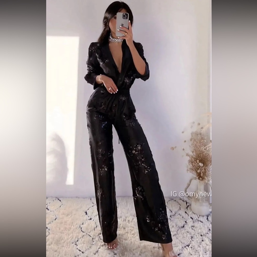 Zara Black Embroidered Trousers With Sequins & Shirt Co Ord Set Size S